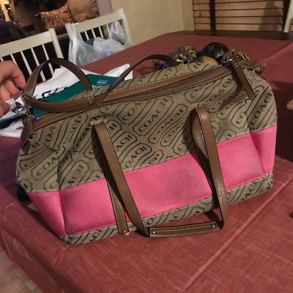 Authentic Monogram Coach Handbag with Pink Stripe